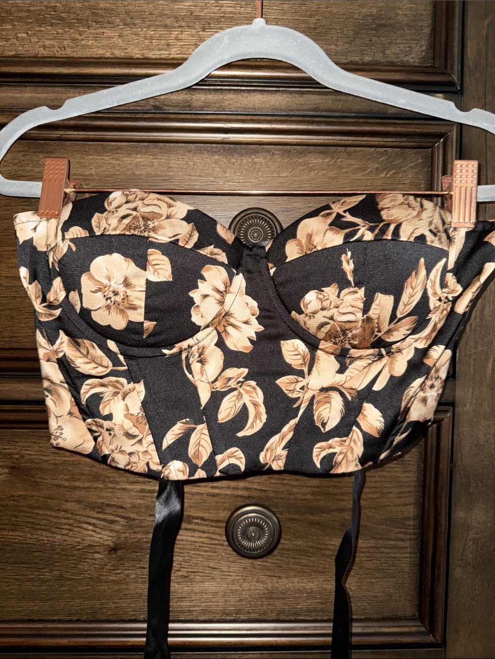 Floral Strapless Bustier Sexy Crop Top in Black and Beige Tie-back Criss Cross